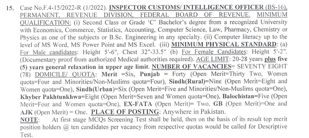 FBR Inspector Customs Jobs 2022 through FPSC