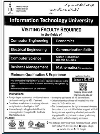 Information Technology University ITU Lahore Jobs 2022 – Apply Online