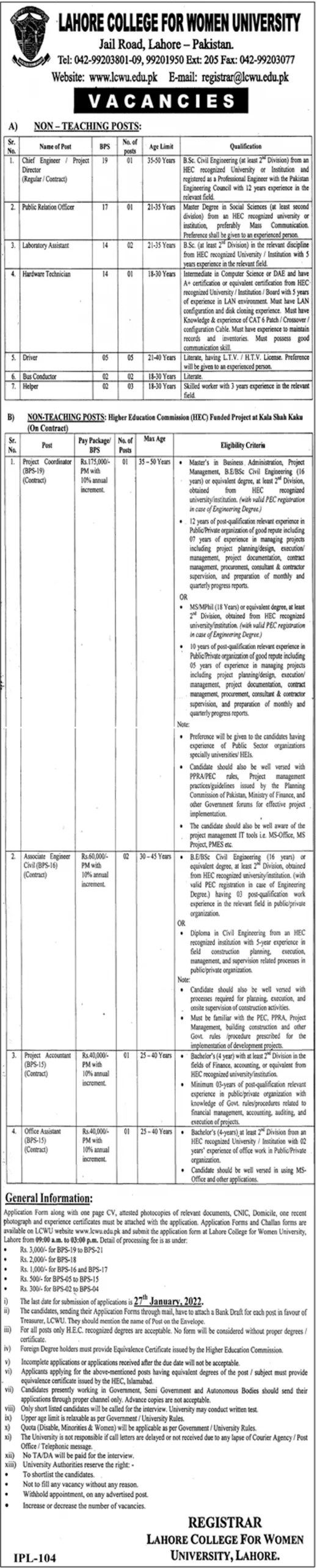 Lahore College for Women University LCWU Jobs 2022 – www.lcwu.edu.pk