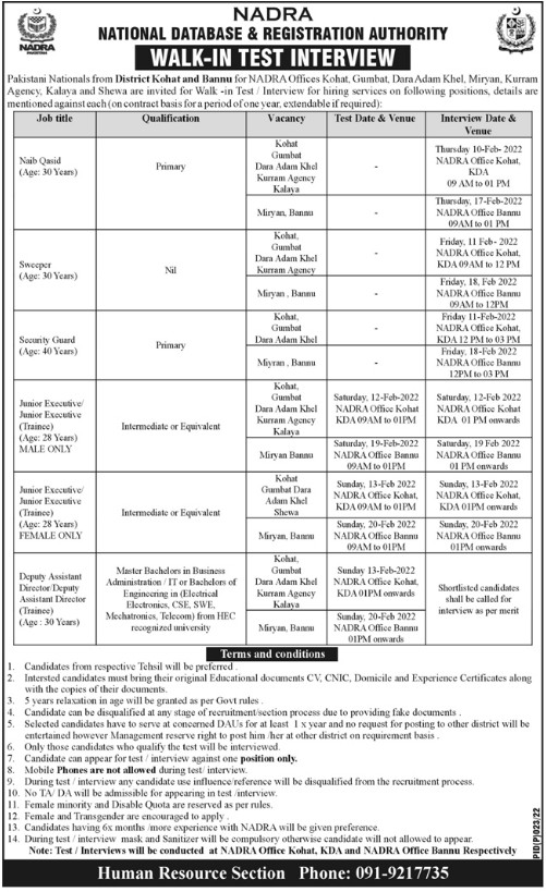 NADRA Offices KPK Jobs 2022 Walk in Interview