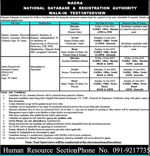 NADRA Offices KPK Jobs 2022 – Male/Female Staff