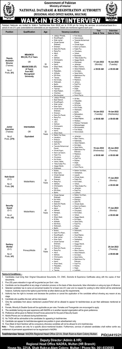 NADRA Regional Head Office Multan Jobs 2022 (450 Vacancies)