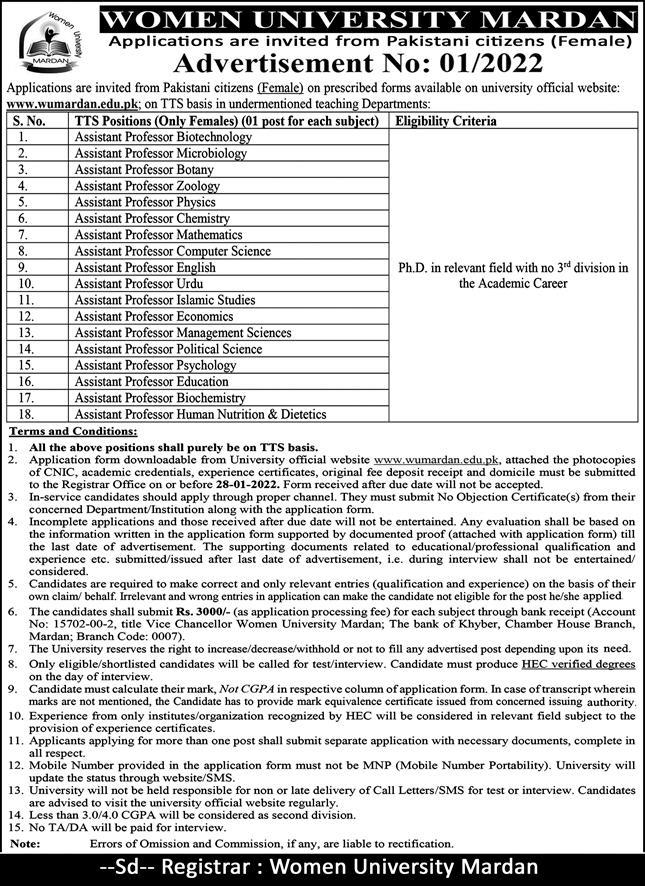 Women University Mardan Jobs 2022 Download Application Form