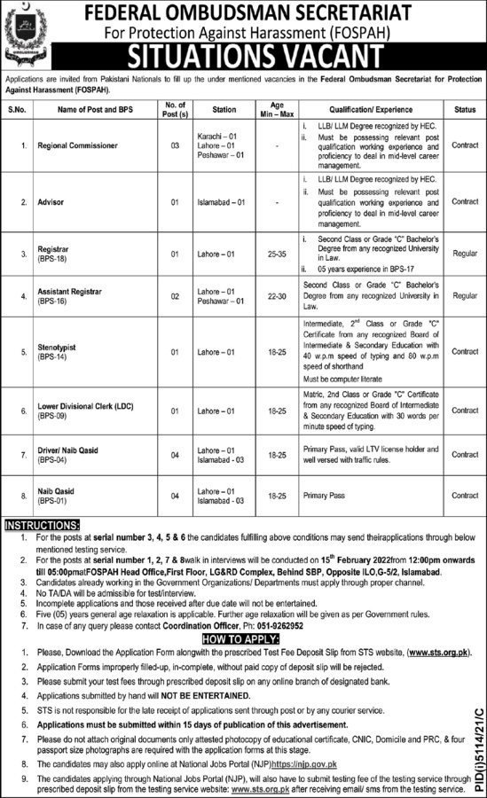 Federal Ombudsman Secretariat Jobs 2022 Application Form