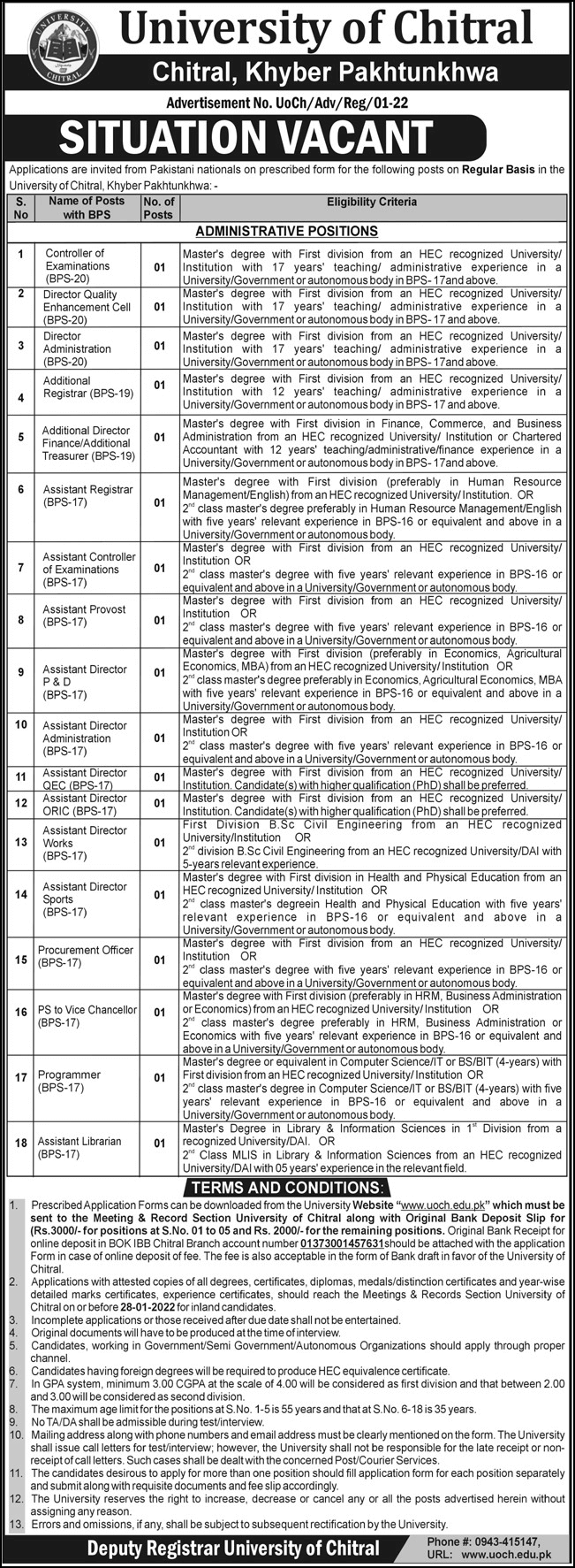 University of Chitral Jobs 2022 – Application Form via www.uoch.edu.pk