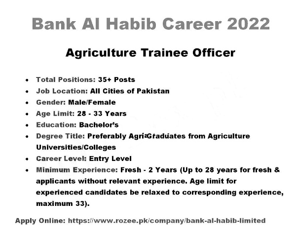 Bank Al Habib Jobs 2022 for Agriculture Trainee Officers