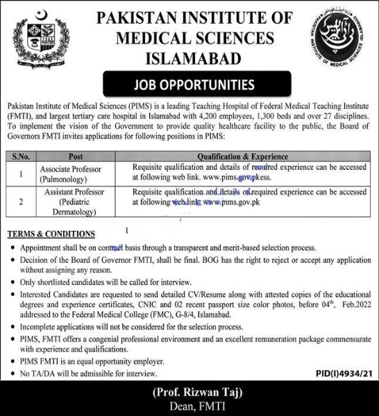 Pakistan Institute of Medical Sciences PIMS Jobs 2022 – FMTI Career