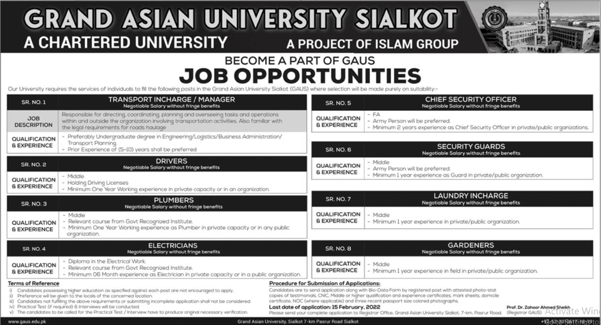 Grand Asian University Sialkot Jobs 2022 Online Application Form