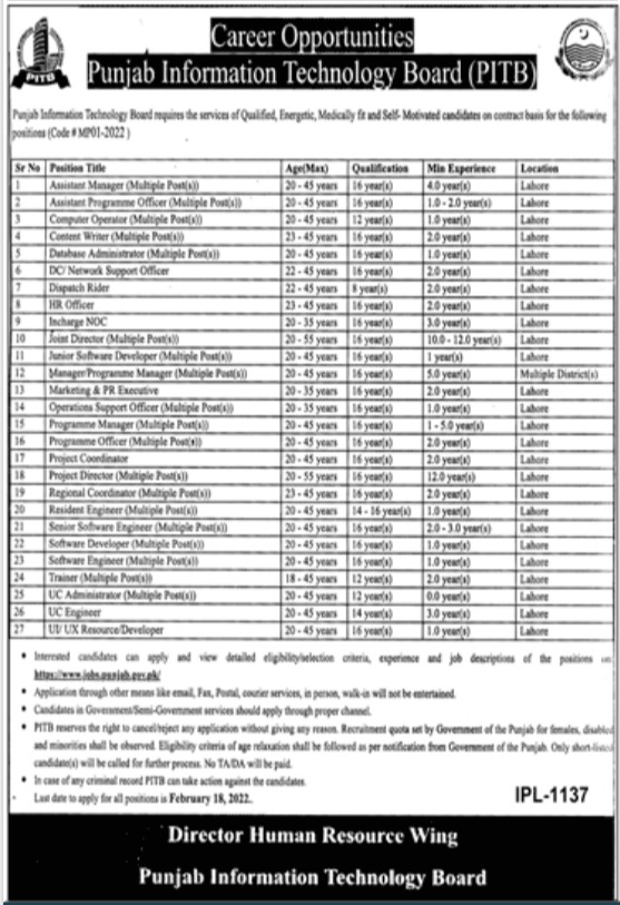 Punjab Information Technology Board PITB Jobs 2022