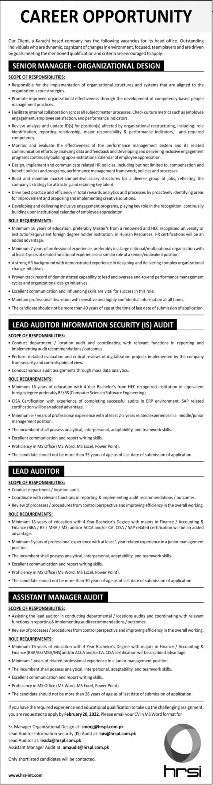 Human Resource Solution International HRSI Jobs 2022