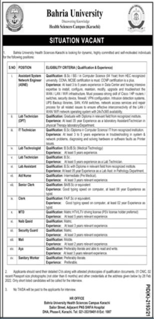 Bahria University Health Sciences Campus Karachi Jobs 2022