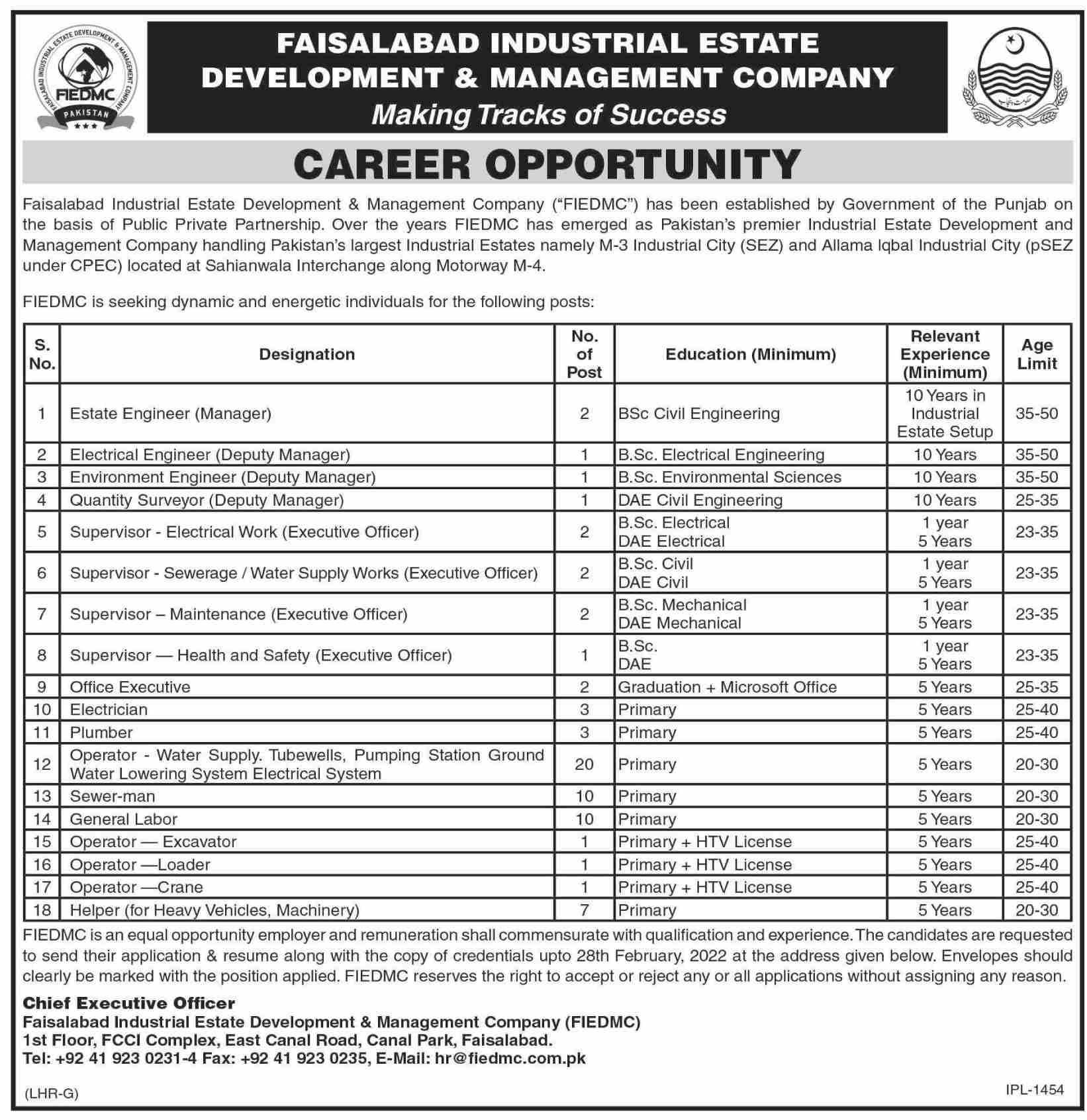 Faisalabad Industrial Estate Development & Management Company Jobs 2022