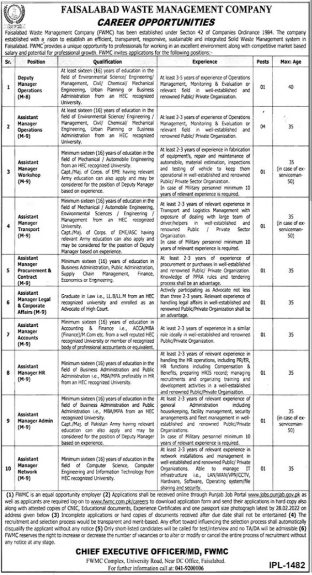 Faisalabad Waste Management Company FWMC Jobs 2022