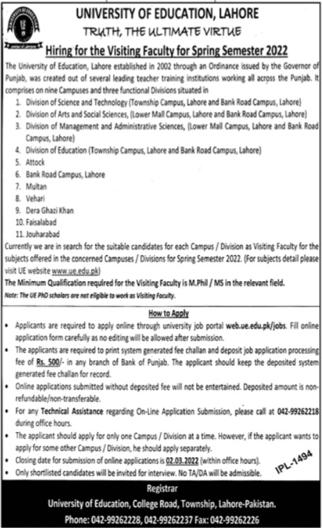 University of Education UE Lahore Jobs 2022 – www.ue.edu.pk