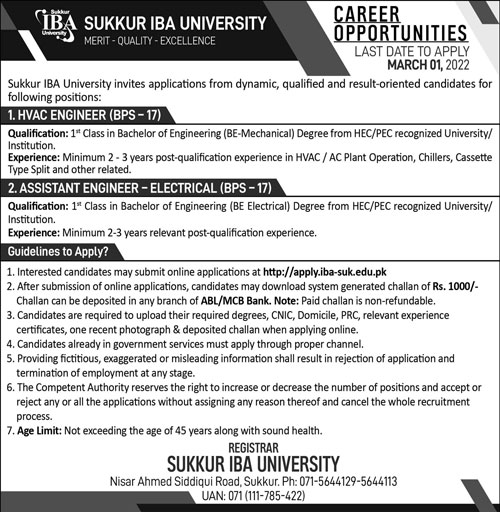 Sukkur IBA University Jobs 2022 Online Apply