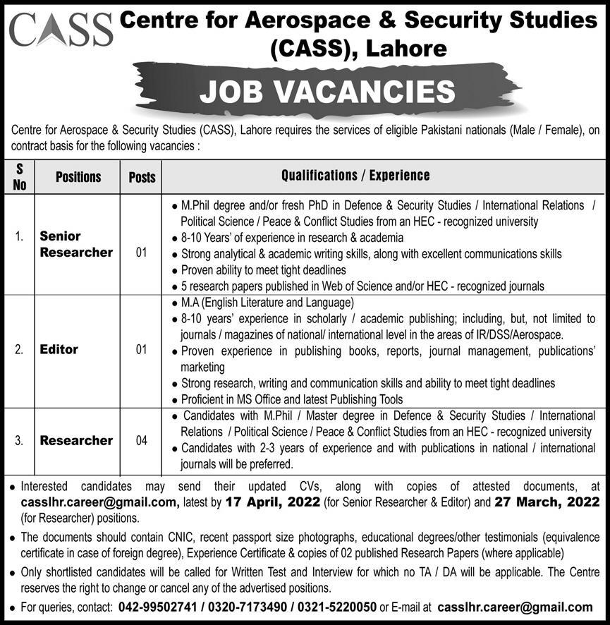 Centre for Aerospace And Security Studies CASS Jobs 2022