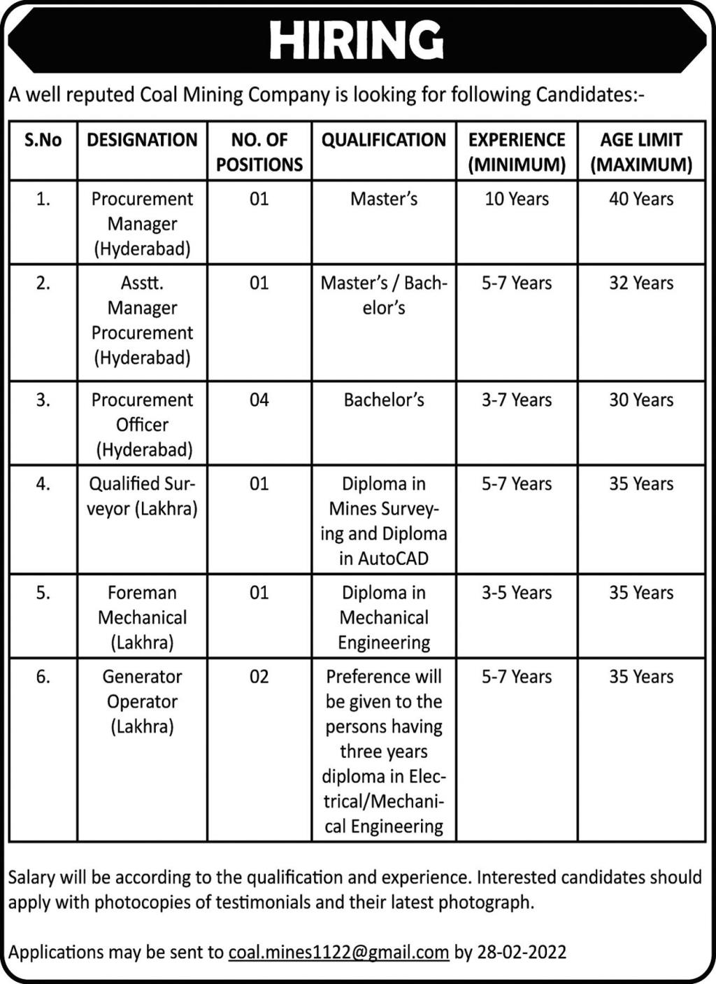 Private Coal Mining Company Jobs 2022 for Managers