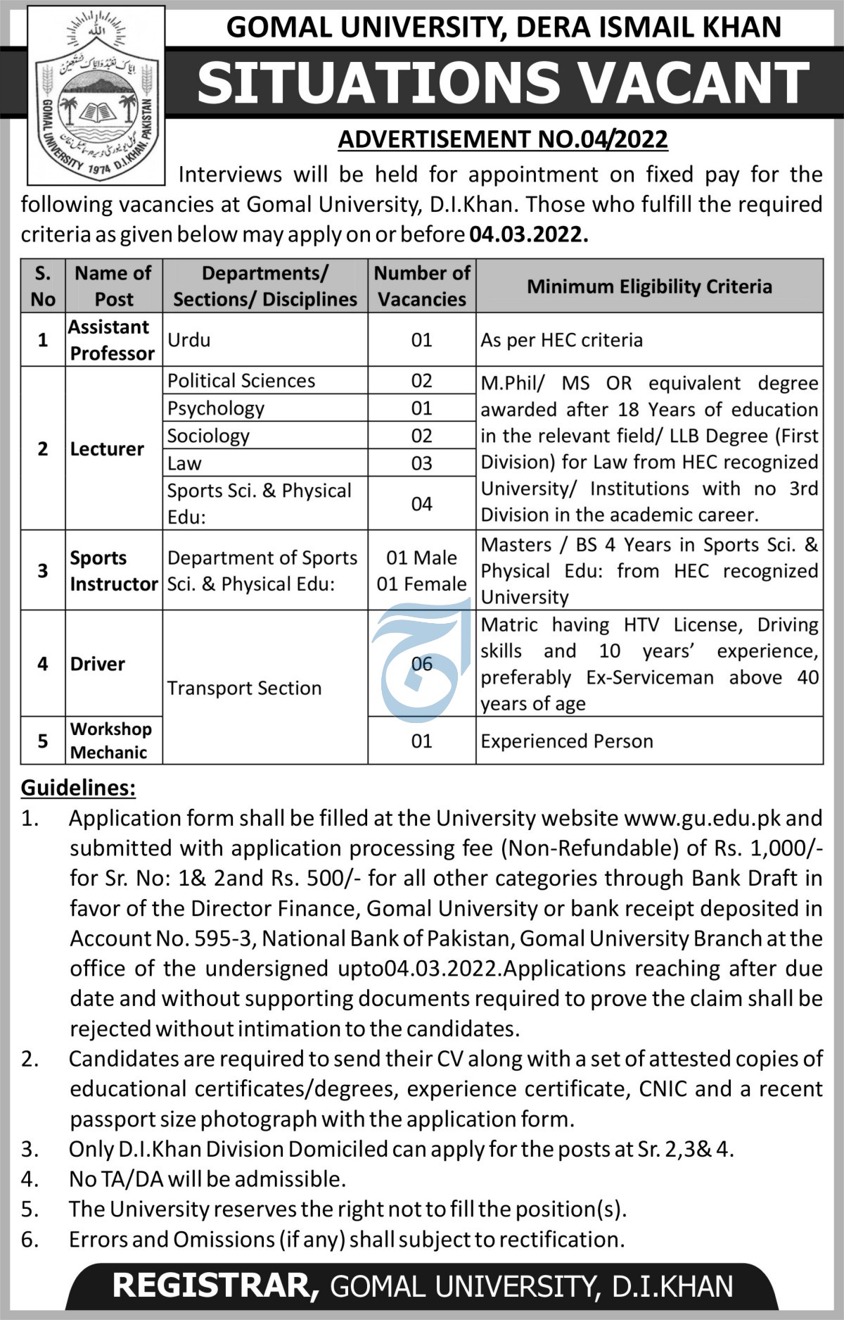 Gomal University Dera Ismail Khan Jobs 2022 – www.gu.edu.pk