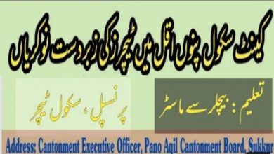 Cantt Public School Pano Aqil Jobs 2022 for Teaching Staff