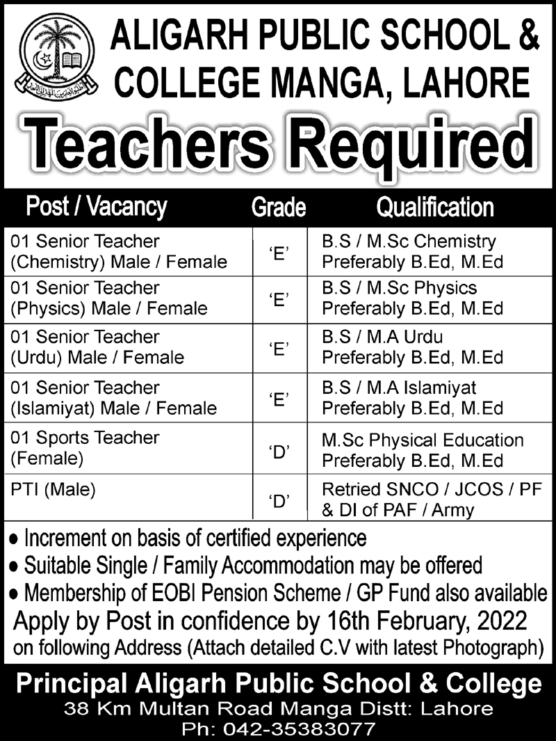 Aligarh Public School and College Lahore Jobs 2022