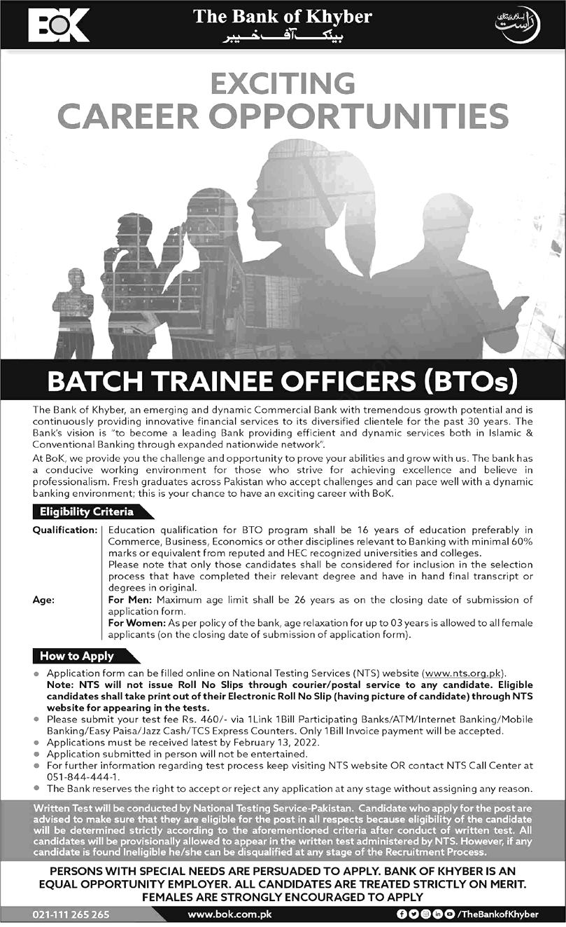 BOK Jobs 2022 – Batch Trainee Officers BTO Program via NTS