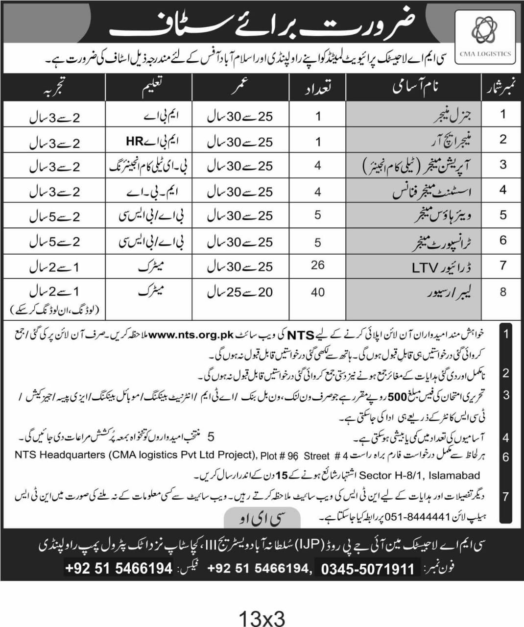 NTS Jobs in CMA Logistics Private Limited Rawalpindi