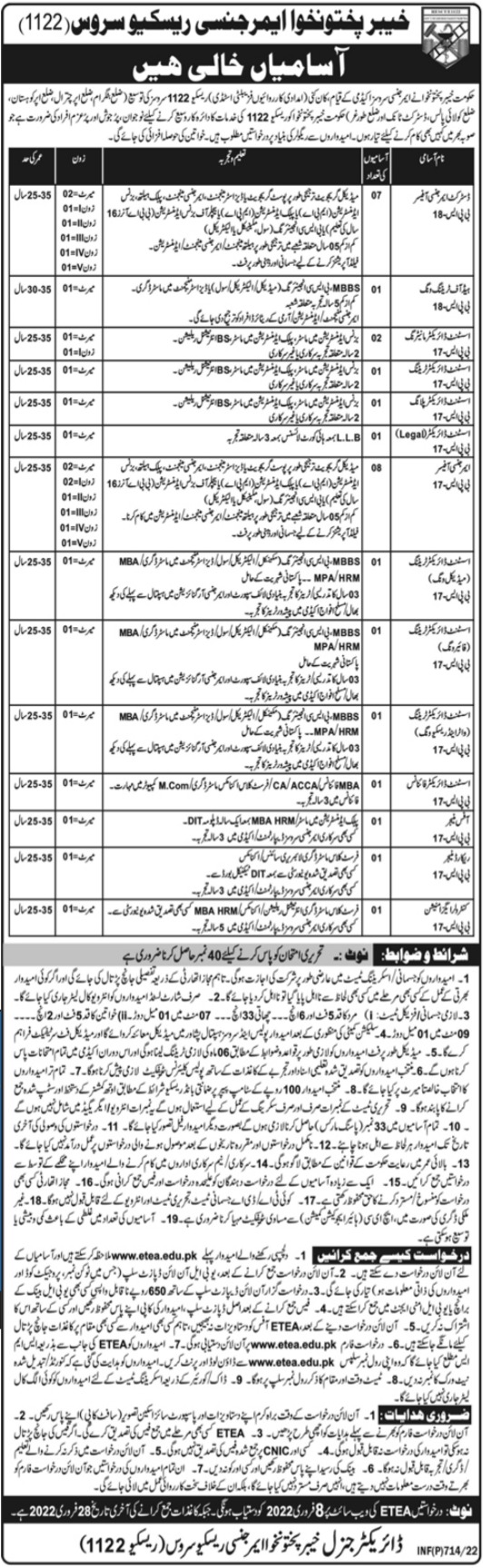 Rescue 1122 Jobs 2022 in KPK Apply Online via ETEA