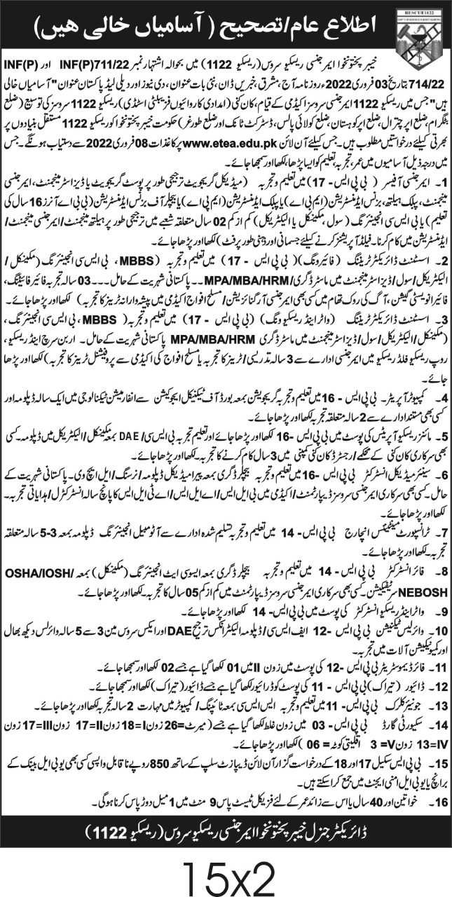 Rescue 1122 Jobs 2022 in KPK Apply Online via ETEA