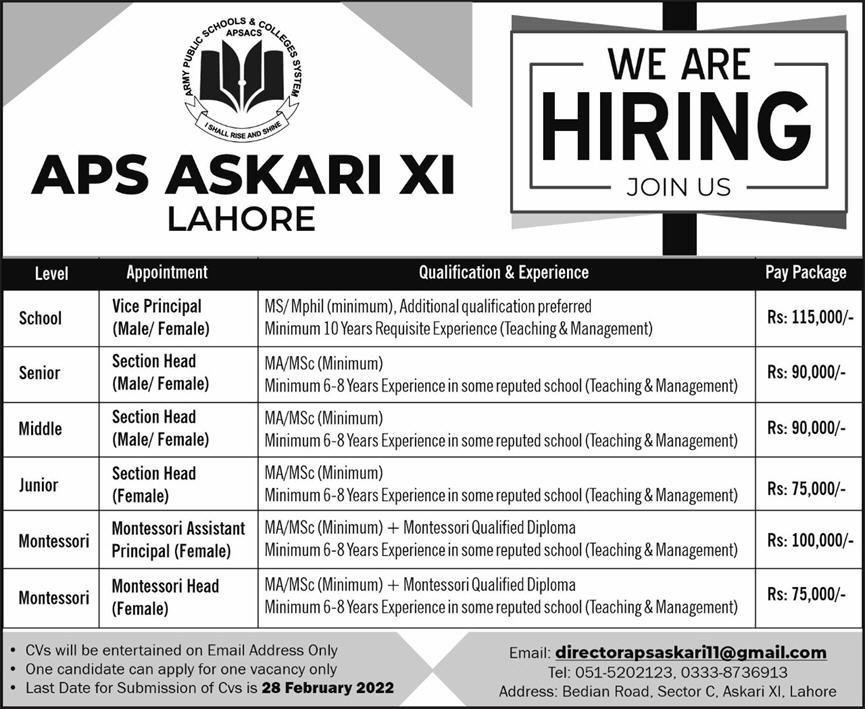 Army Public School APS Askari XI Lahore Jobs 2022