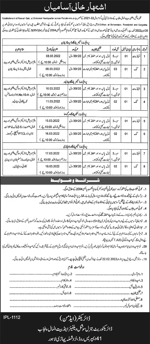 Social Welfare & Bait ul Maal Department Punjab Jobs 2022