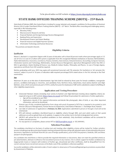 State Bank Officers Training Scheme 25th Batch – SBP Jobs 2022