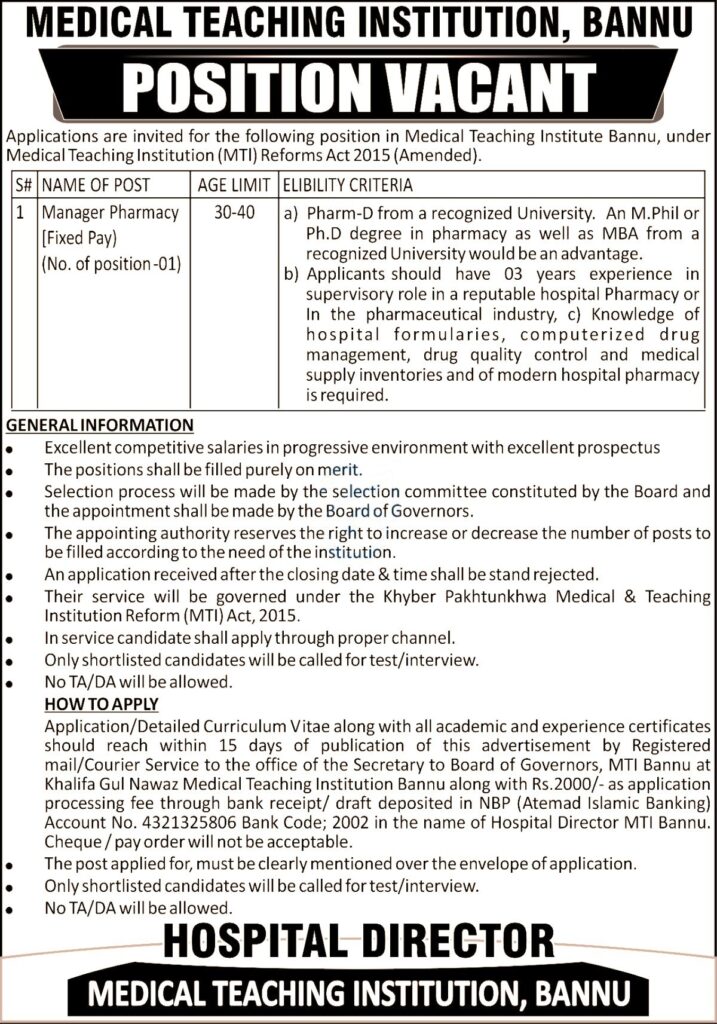 Medical Teaching Institution MTI Bannu Jobs 2022 for Manager Pharmacy