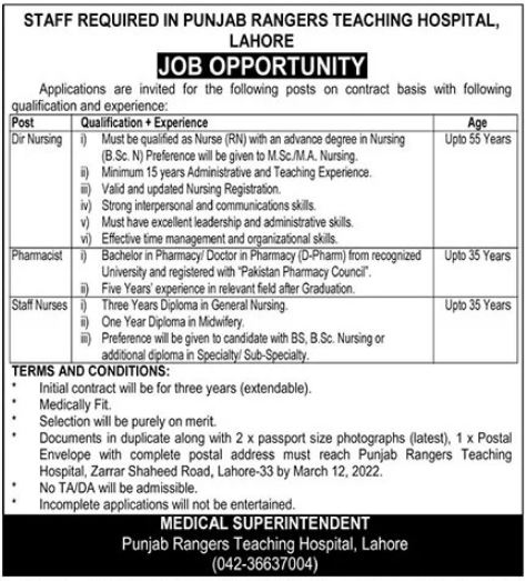 Punjab Rangers Teaching Hospital Lahore Jobs 2022