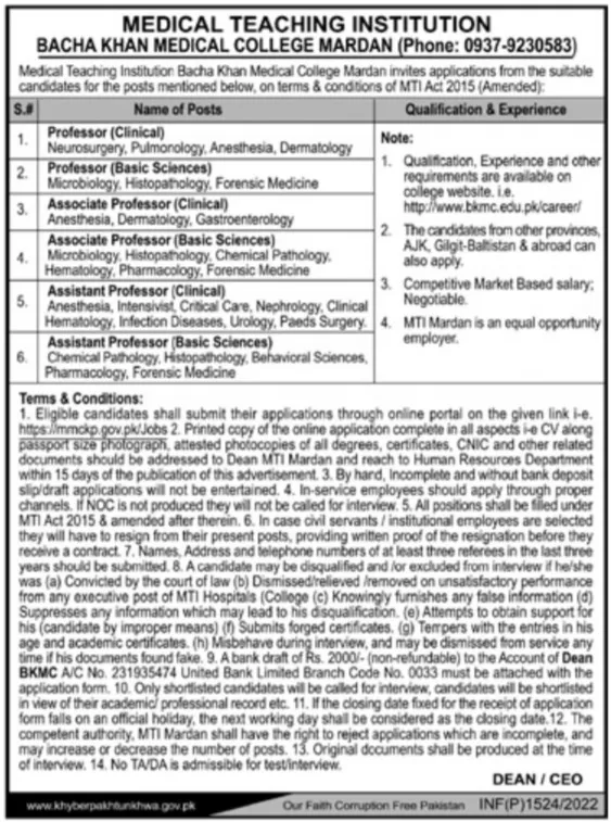 Medical Teaching Institution MTI Mardan Jobs 2022 Online Apply