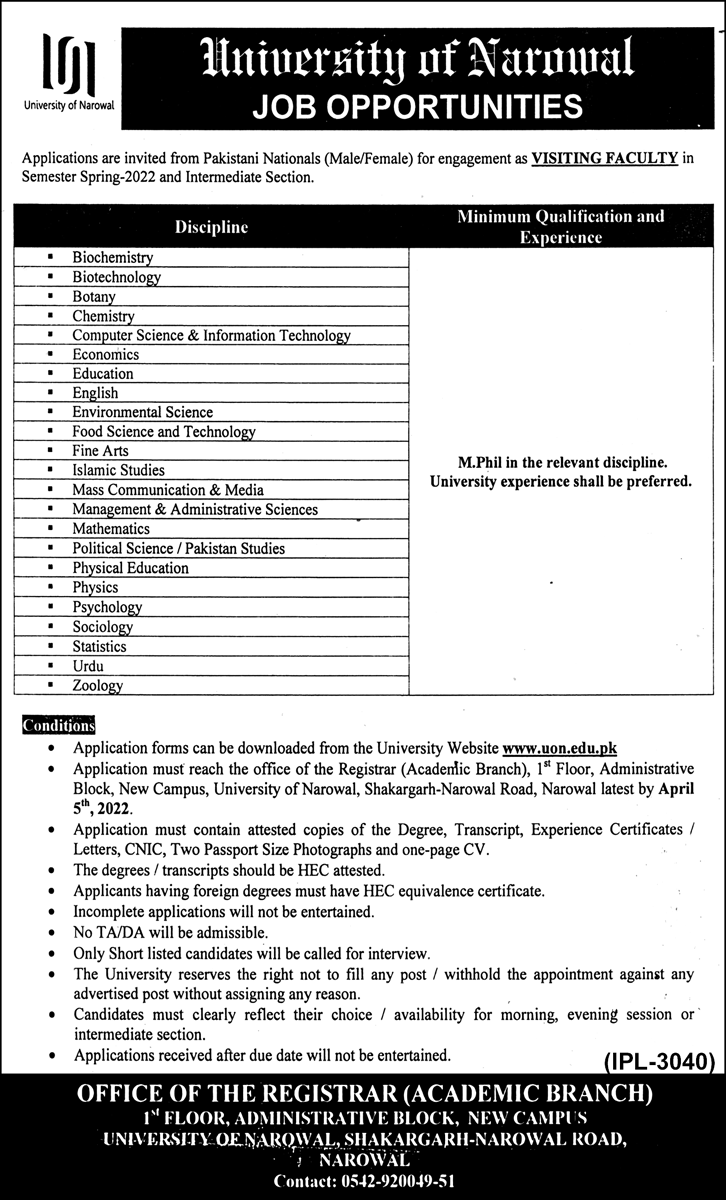 University of Narowal Jobs 2022 – Application Form via www.uon.edu.pk