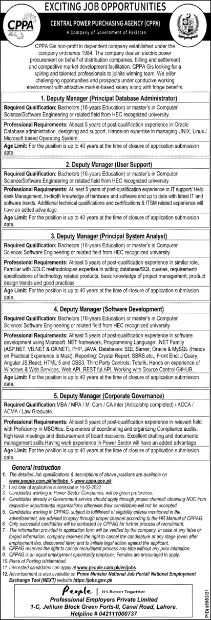 Central Power Purchasing Agency CPPA Jobs 2022 -www.people.com.pk