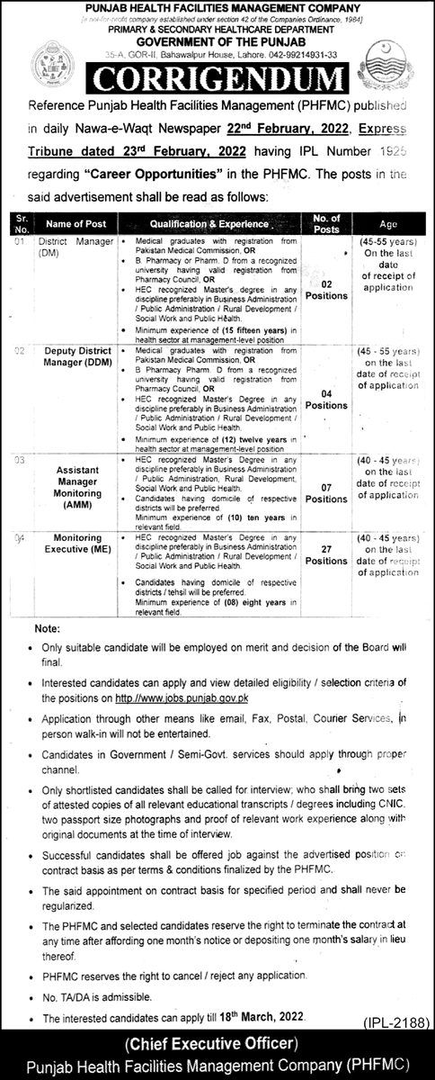 Punjab Health Facilities Management Company PHFMC Job