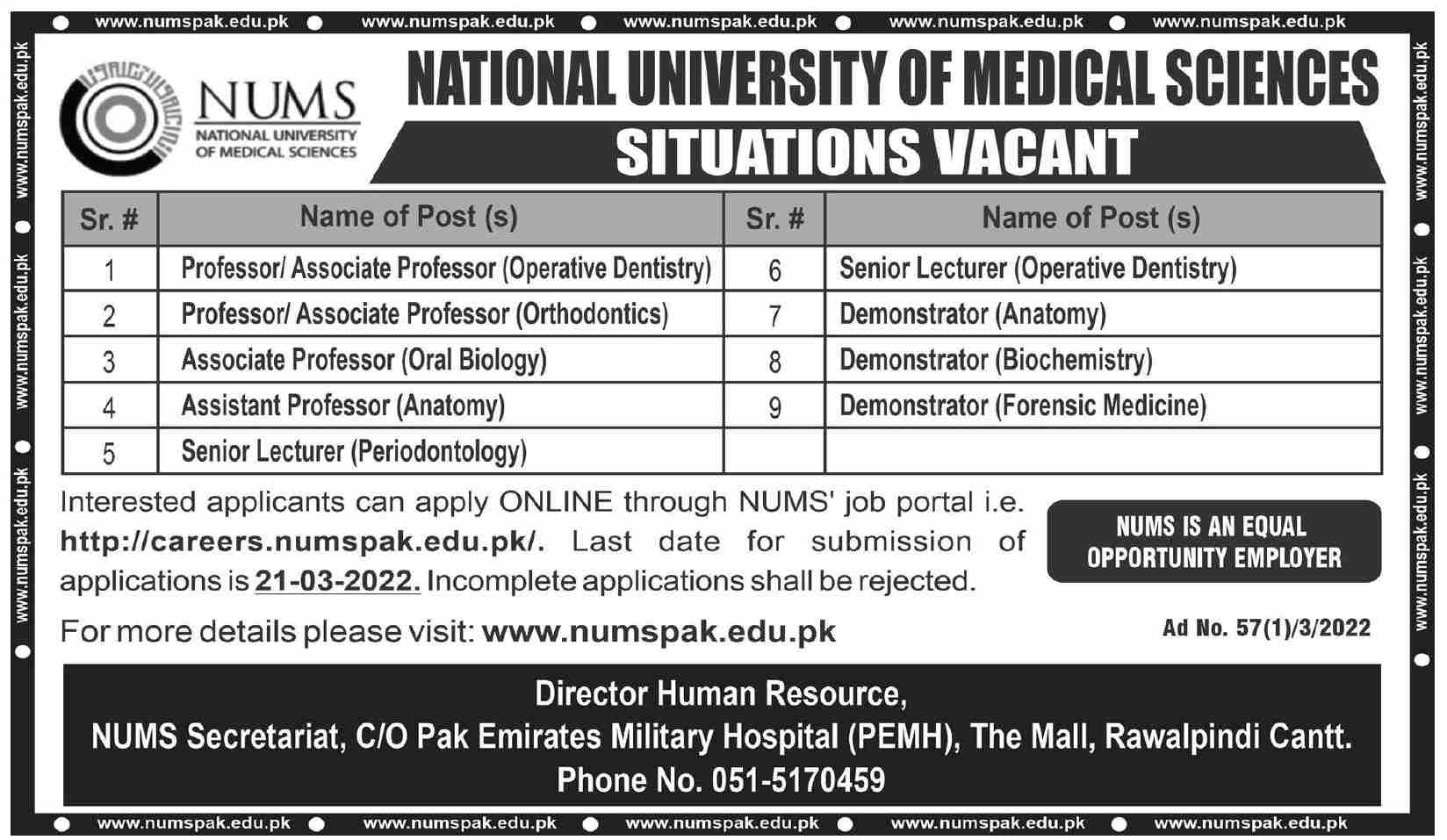 National University of Medical Sciences NUMS Jobs