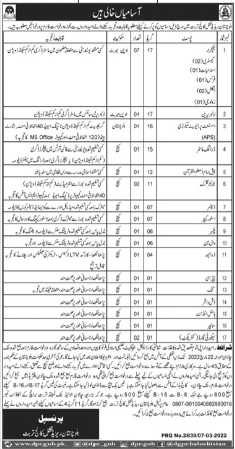 Balochistan Residential College Turbat Jobs 2022