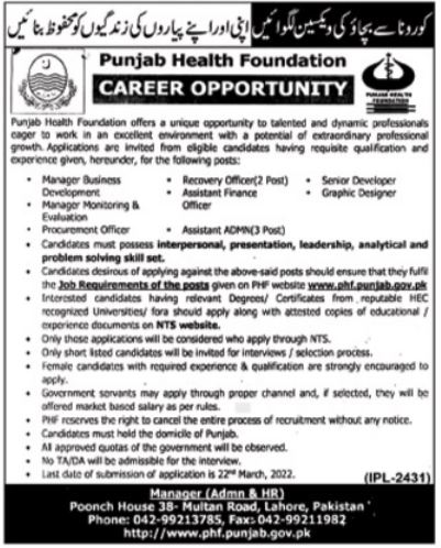 Punjab Health Foundation Jobs 2022 PHF Latest Advertisement