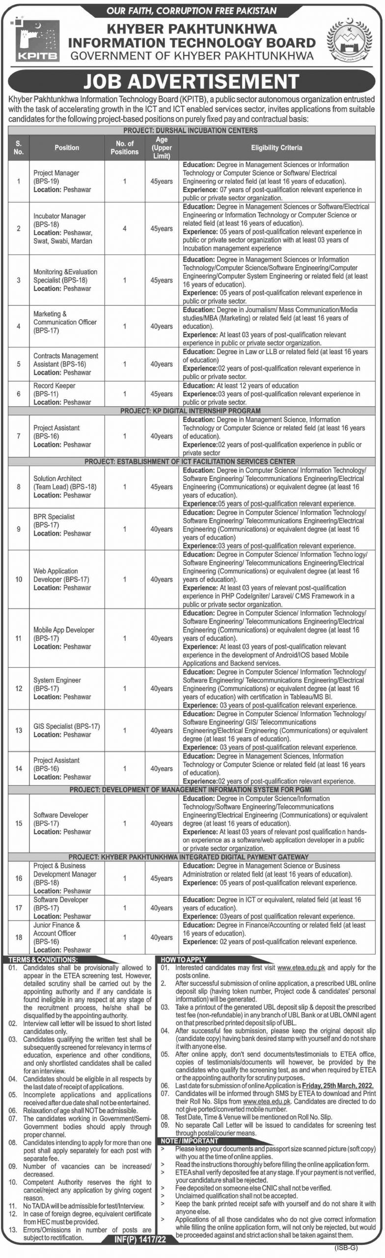 KPITB Jobs 2022 KPK Information Technology Board – ETEA Online Apply