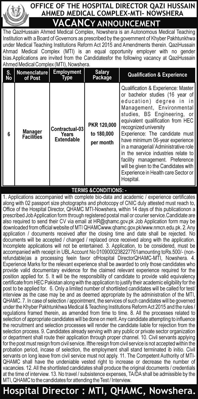 Qazi Hussain Ahmad Medical Complex Nowshera Jobs