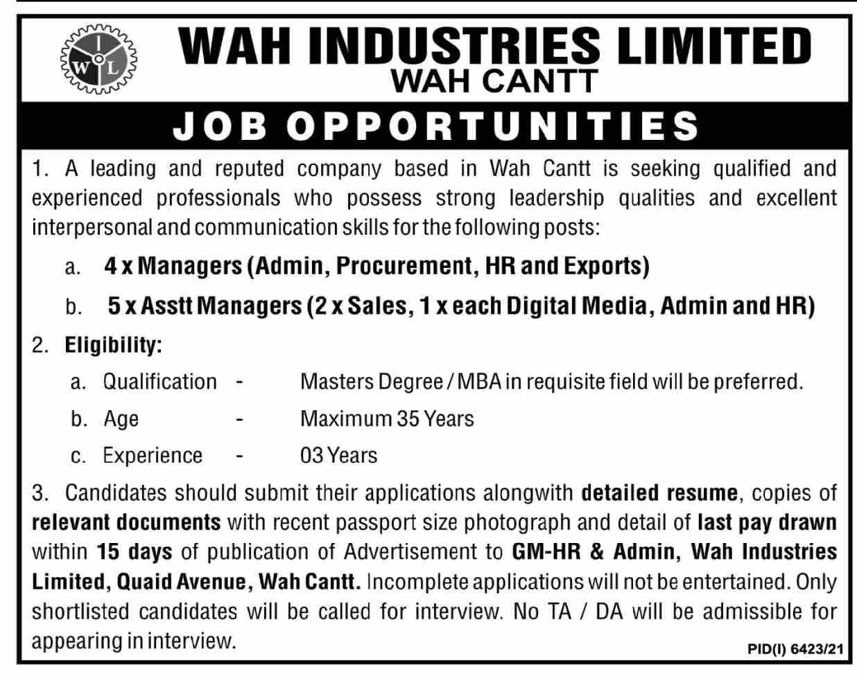 Wah Industries Limited Jobs 2022 Latest Advertisement