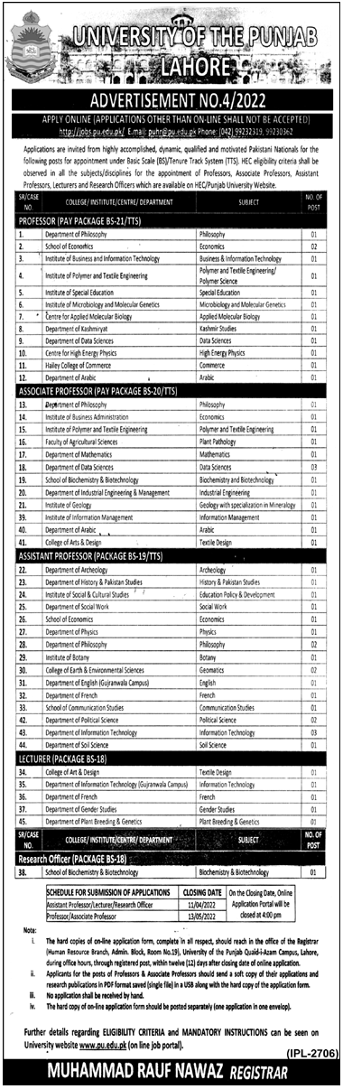 University of Punjab Jobs 2022 PU Lahore – Apply Online www.pu.edu.pk