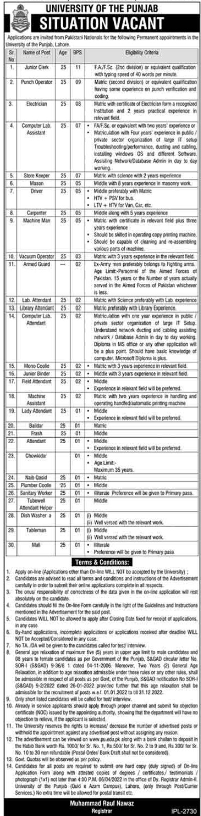 University of Punjab Jobs 2022 PU Lahore – Apply Online www.pu.edu.pk