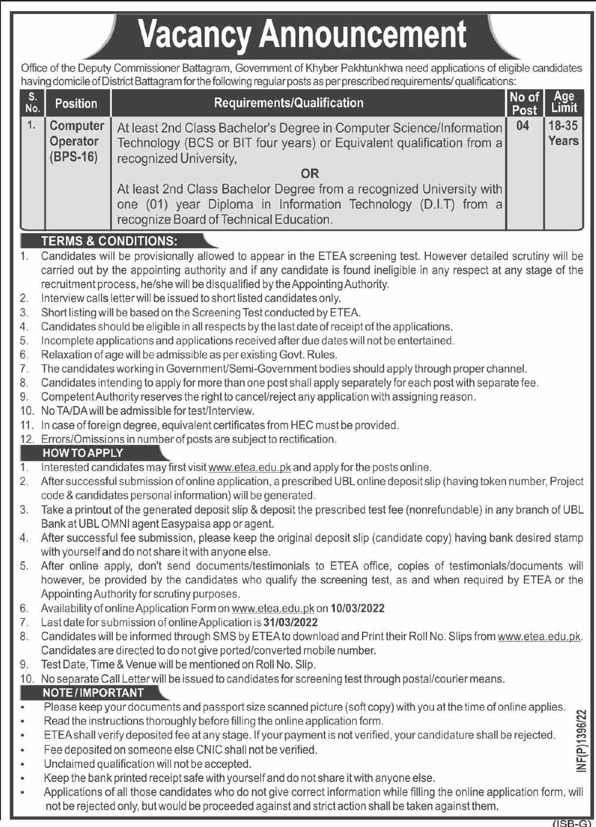 Deputy Commissioner Office Battagram Jobs 2022 Advertisement