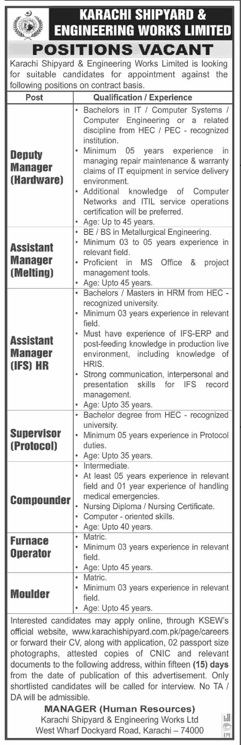 Karachi Shipyard & Engineering Works KSEW Jobs 2022 March Ad