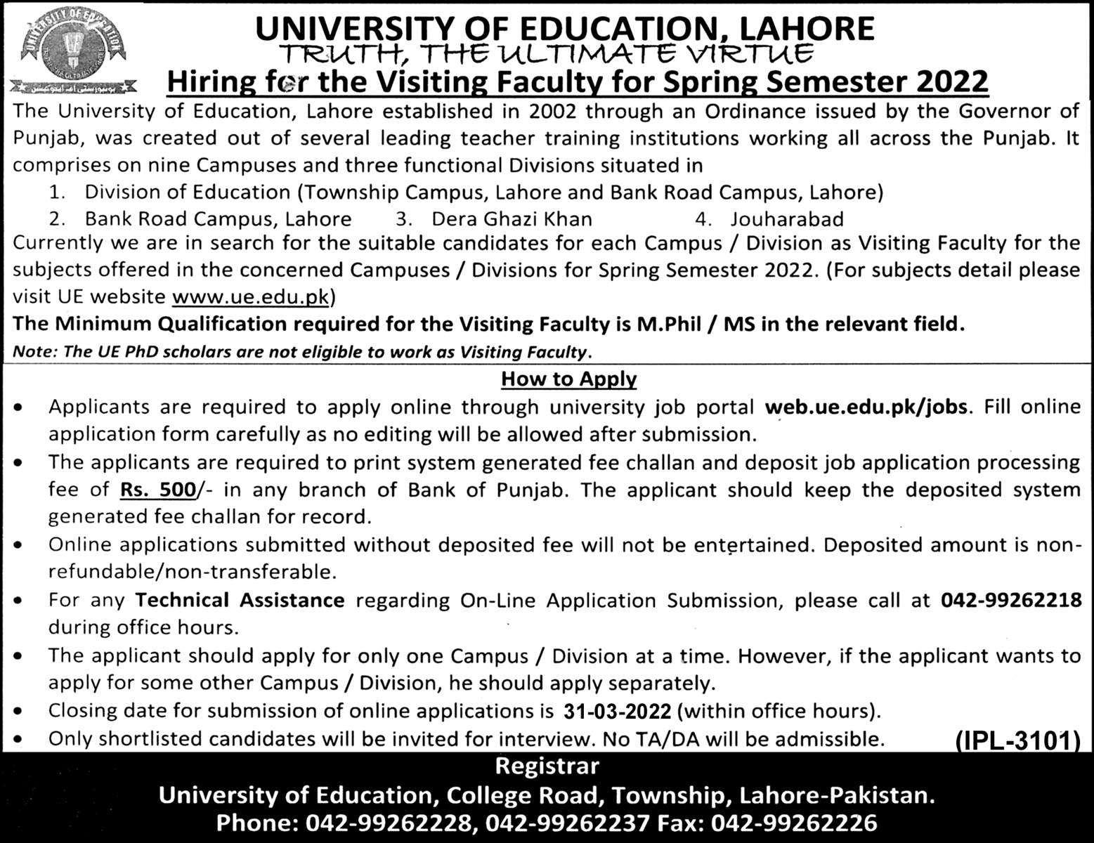 University of Education Lahore Jobs 2022 UE Advertisement