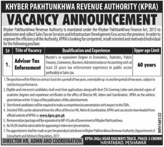 Khyber Pakhtunkhwa Revenue Authority KPRA Jobs