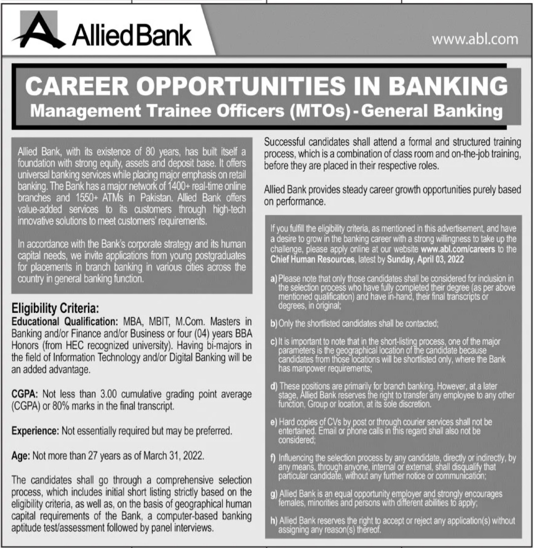 Allied Bank Limited ABL Jobs 2022 – Management Trainee Officers MTO